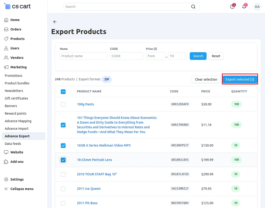 CS-Cart product export