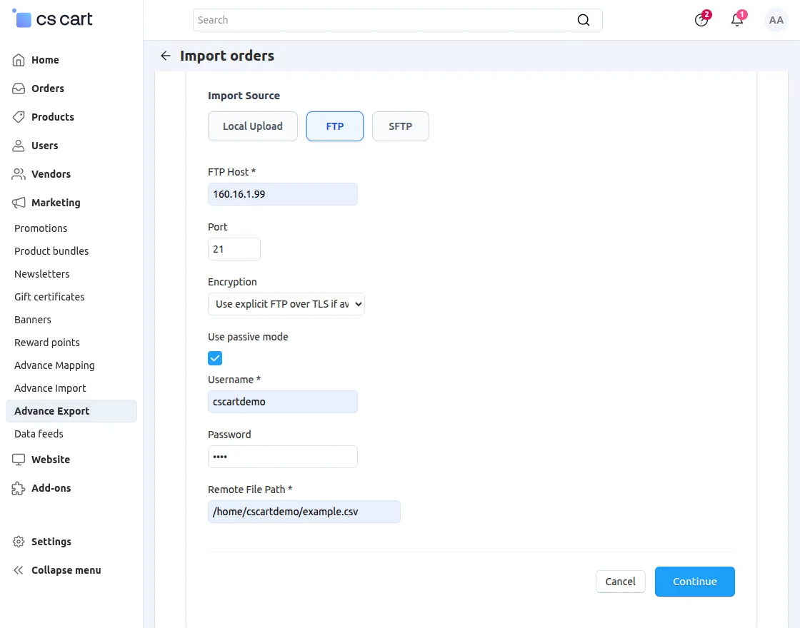 CS-Cart fill ftp credentials