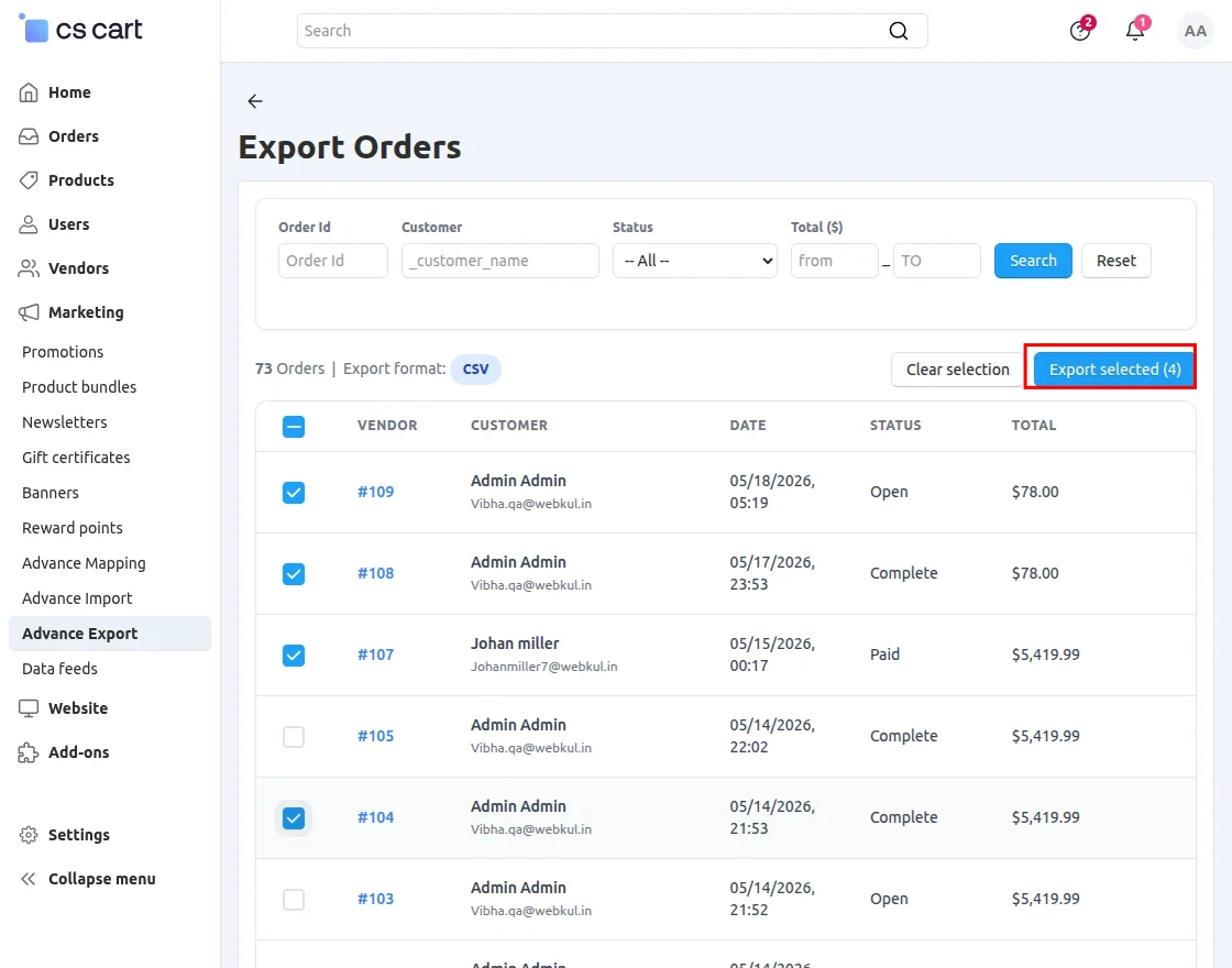 CS-Cart Advanced Orders Export