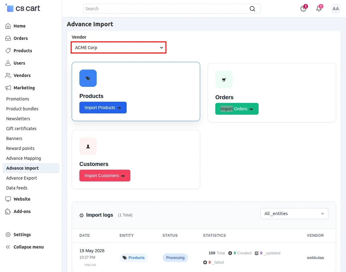 CS-Cart Advanced Import Export Select Vendor
