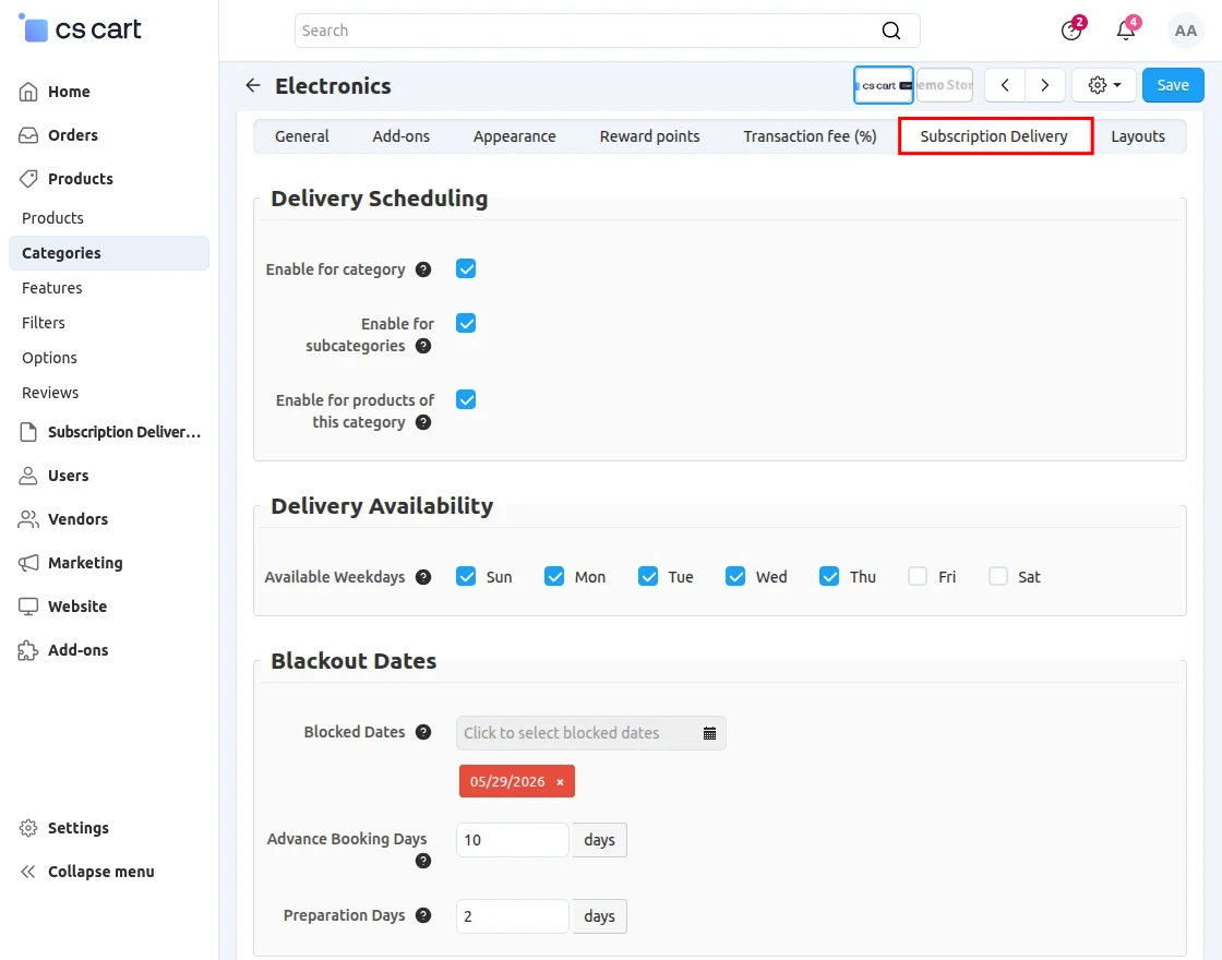 CS-Cart Subscription Delivery on Category
