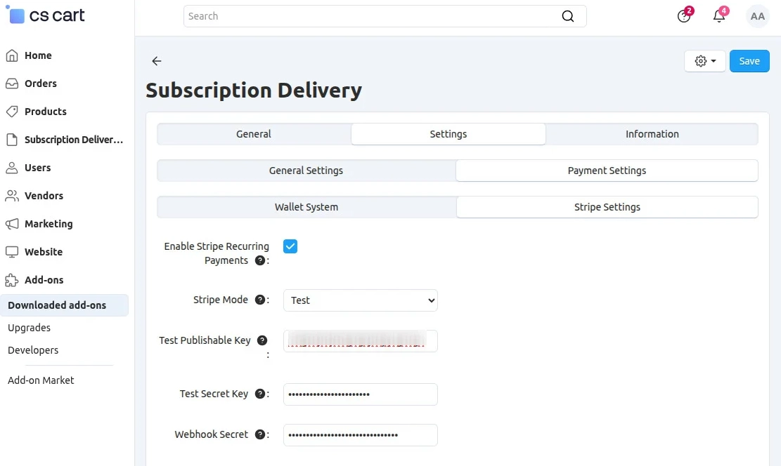 CS-Cart Subscription Delivery Stripe Settings