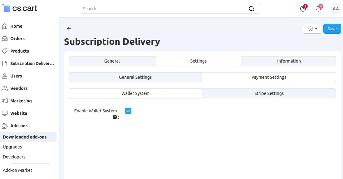 CS-Cart Subscription Delivery Wallet Settings