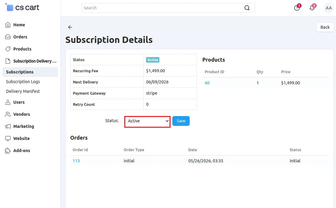 CS-Cart subscriptions details