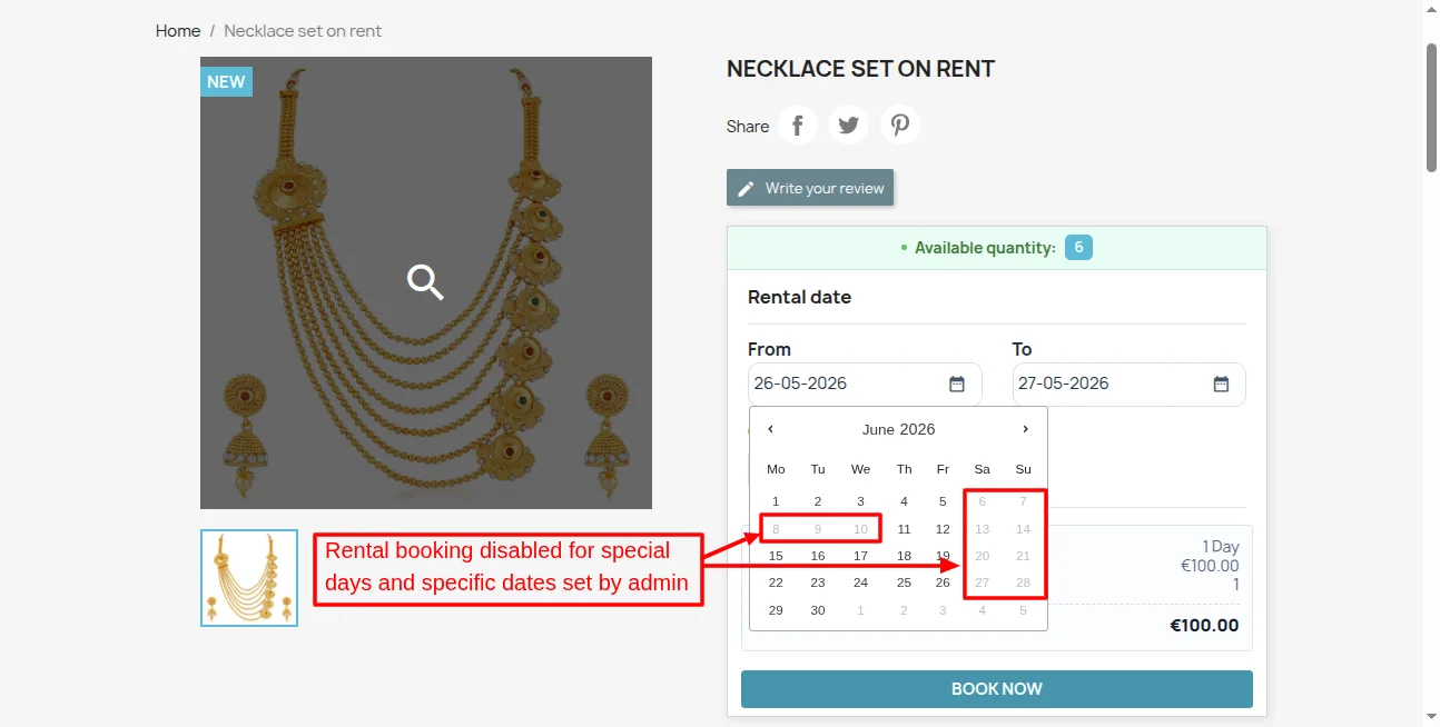 booking disabled on selected dates and days.