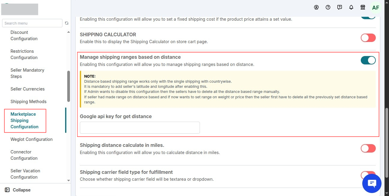 Admin panel configuration, distance wise range