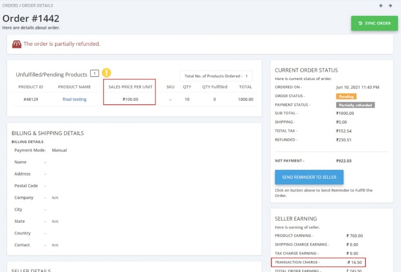 transaction charge on order page