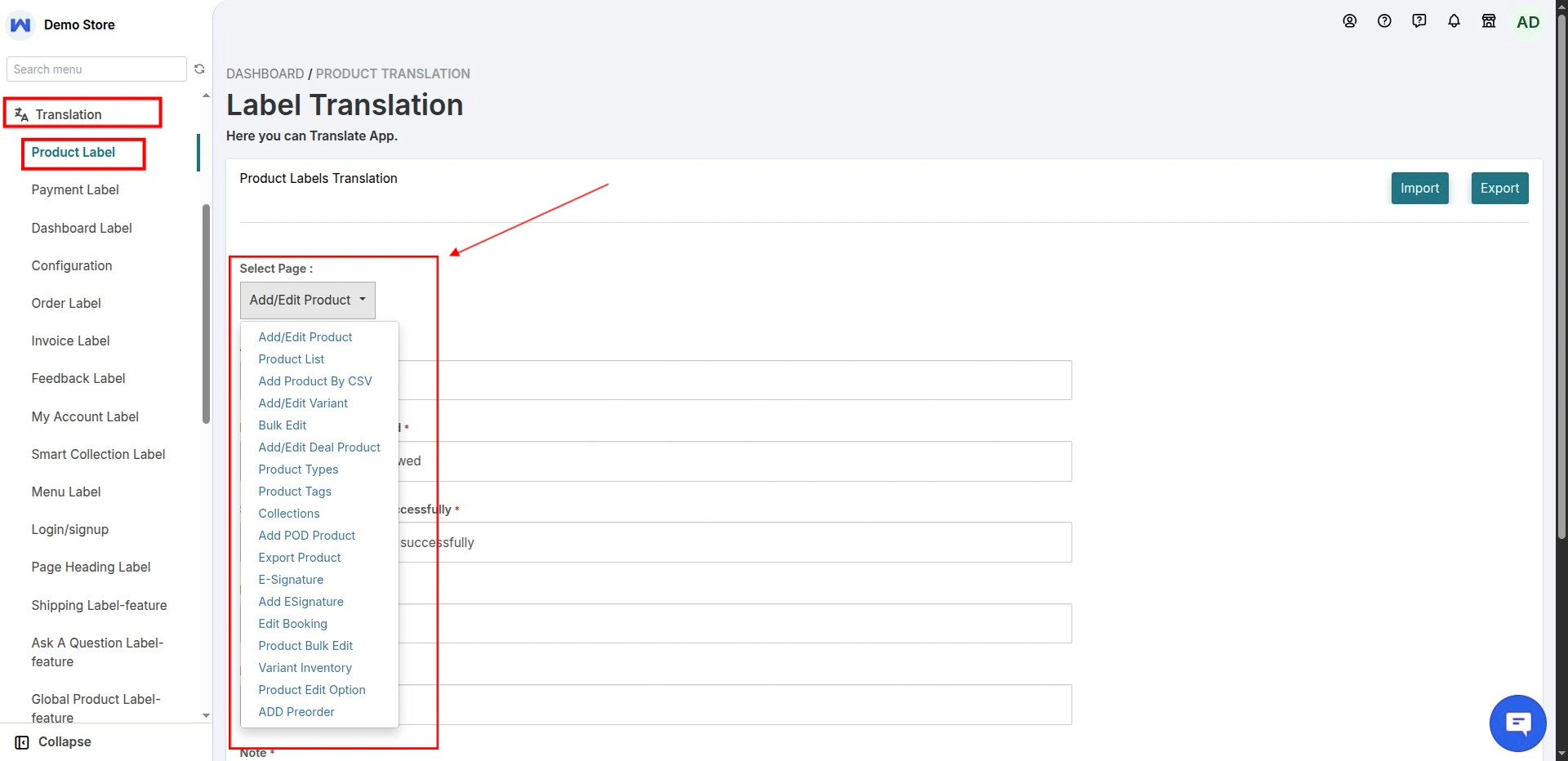 Multivendor Marketplace for Shopify: Label Translations