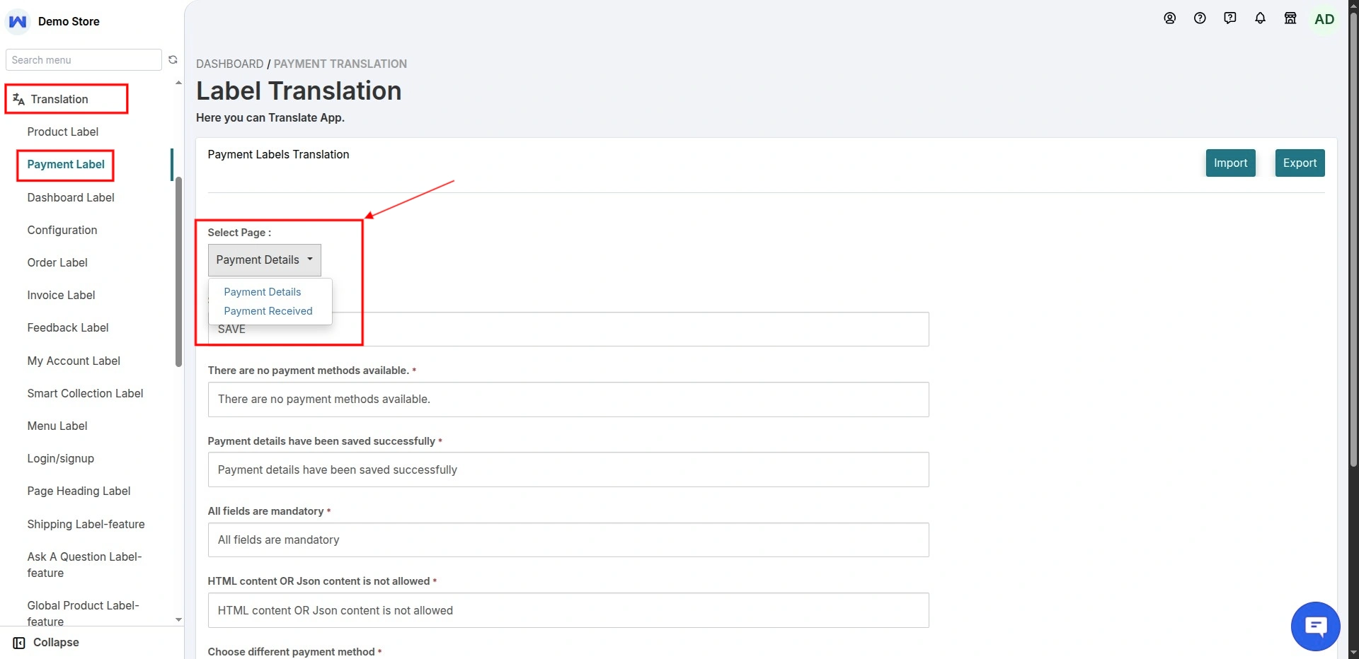 Multivendor Marketplace for Shopify: Label Translations