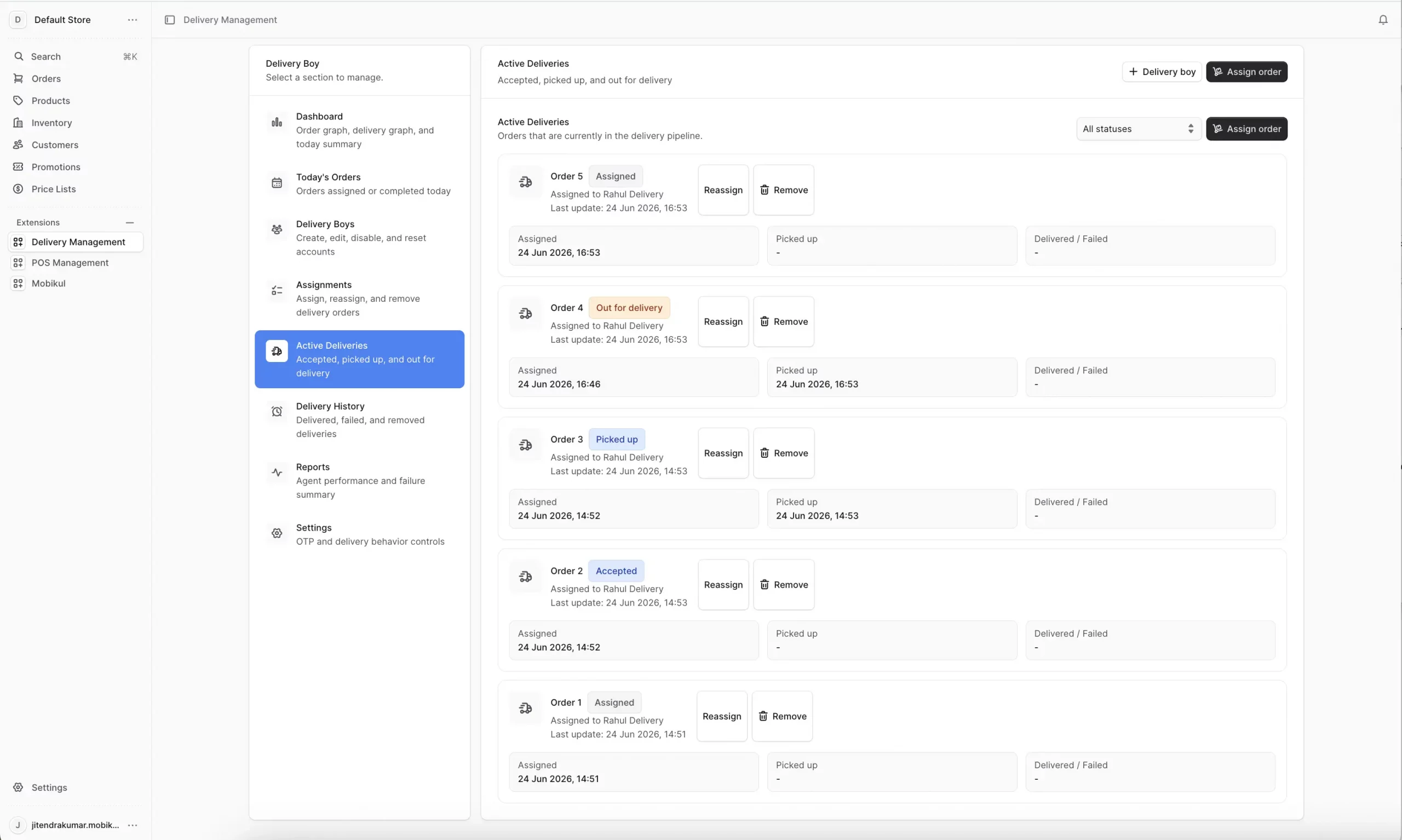Active Deliveries view