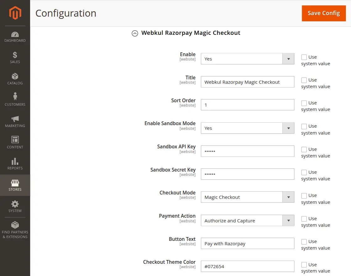 Razorpay Magic Checkout admin configuration
