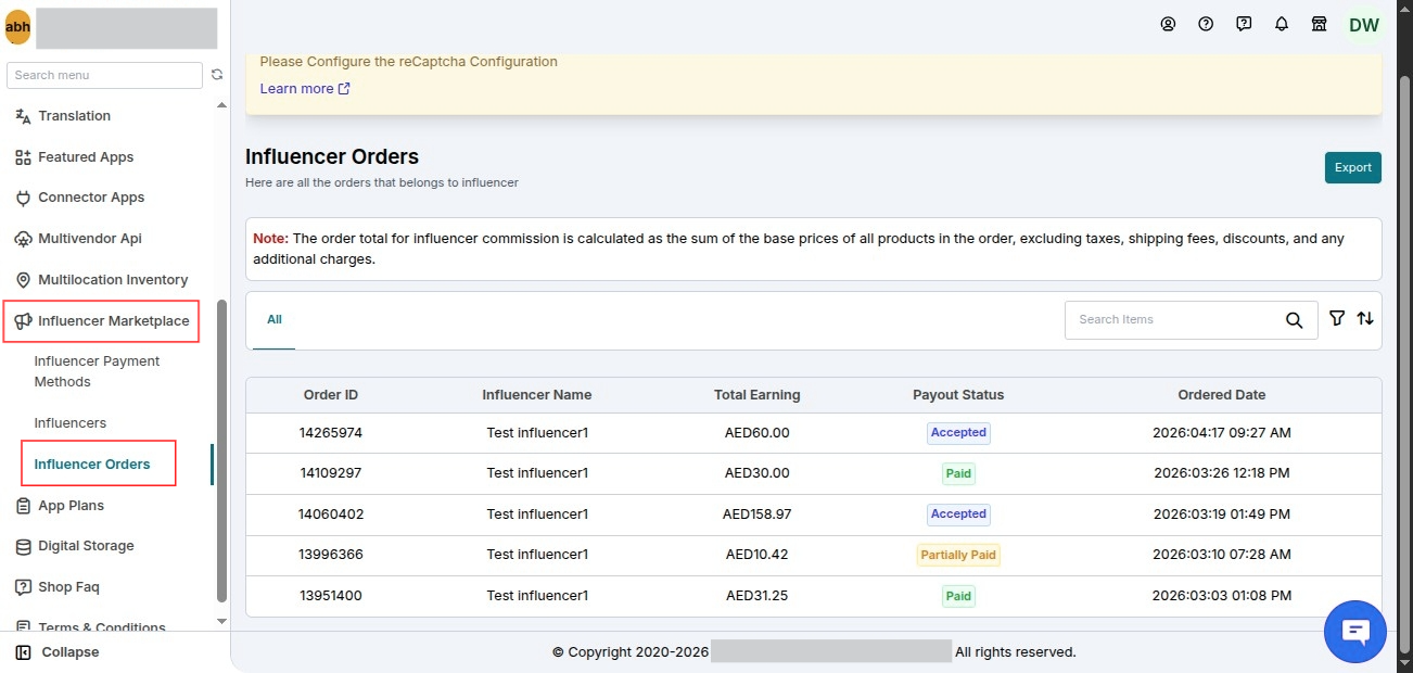 Influencer Orders Listing - Admin