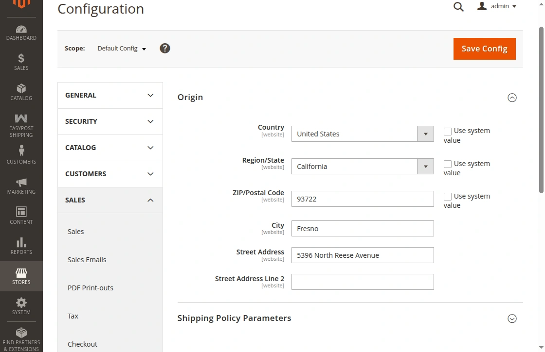 EasyPost Shipping origin