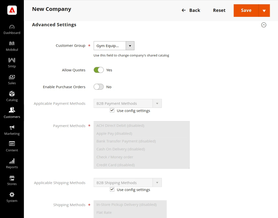 Adobe Commerce B2B Mobile App Advanced Settings