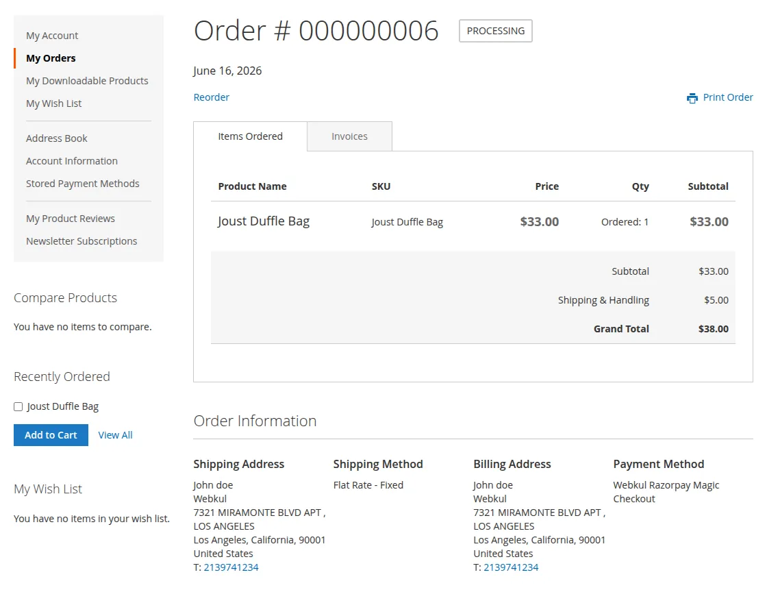 order detail page Razorpay Magic Checkout
