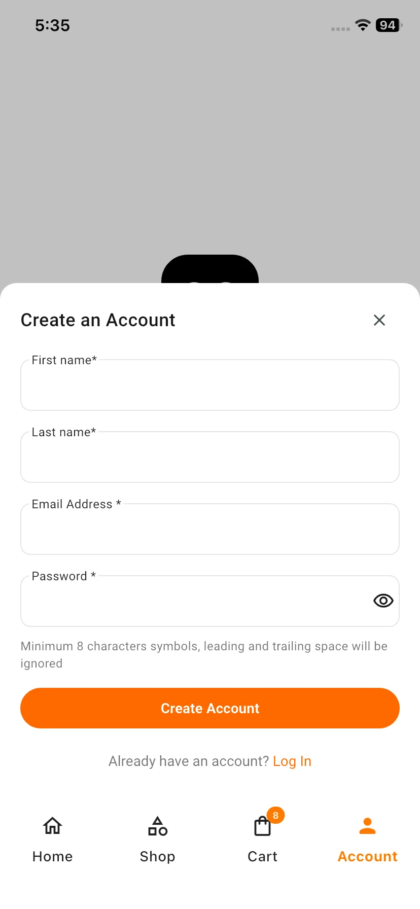 Medusajs Mobile App Builder Create Account Page View