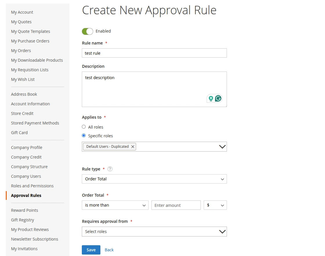 Adobe Commerce B2B Mobile App front end - create new rule