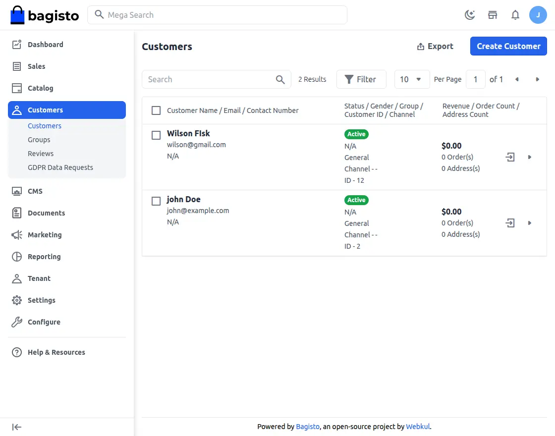 customers list