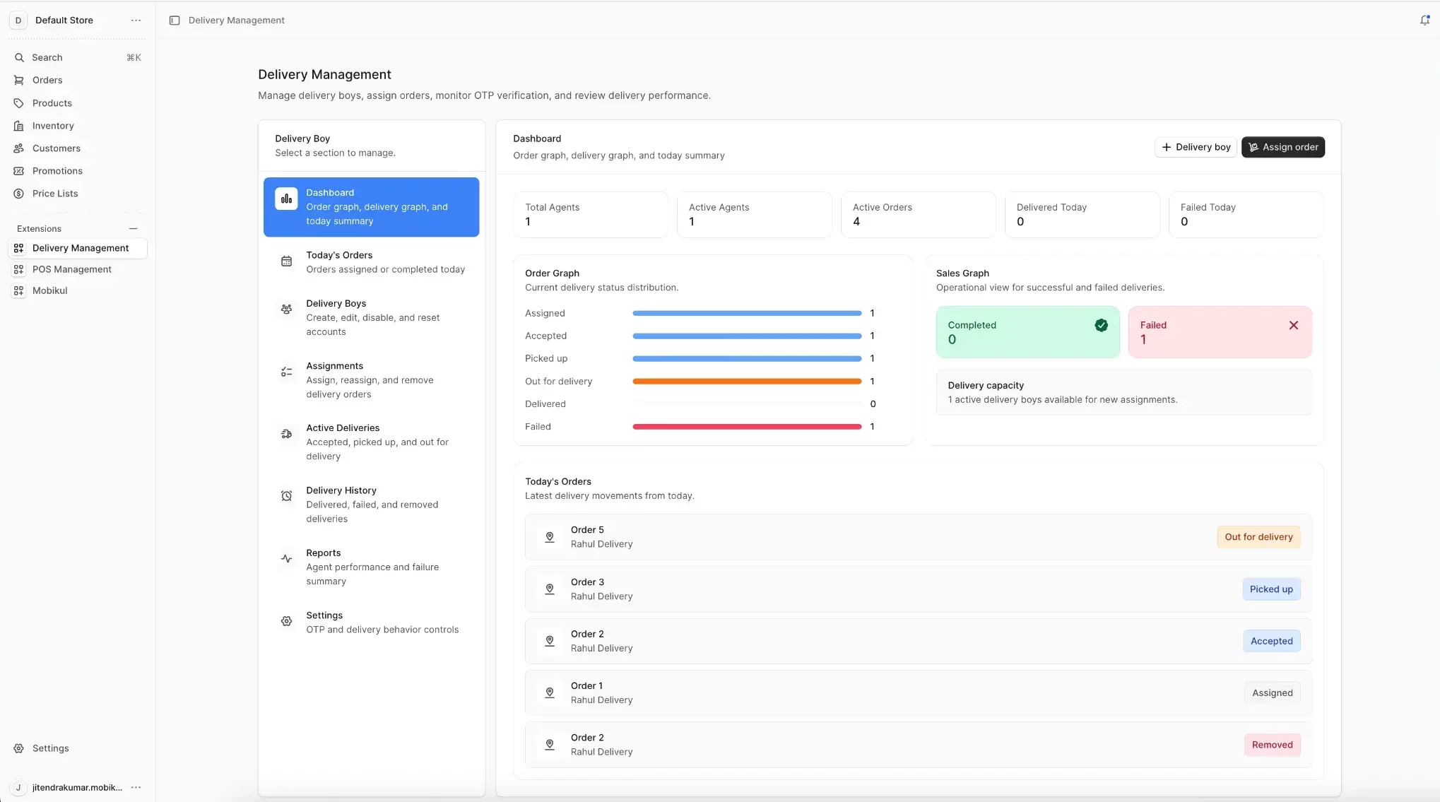 Manage delivery boys, assign orders, monitor OTP verification, and review delivery performance.