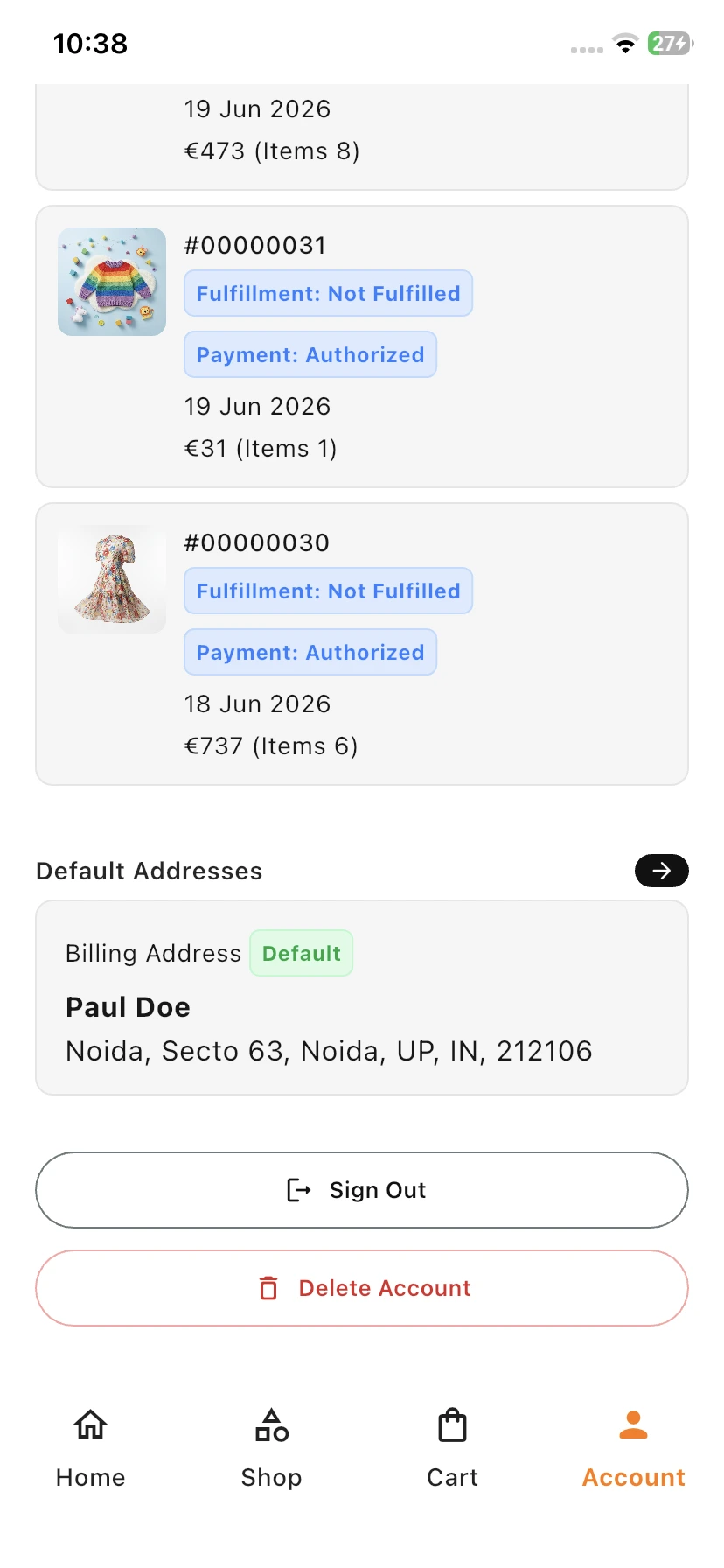 Default Addresses Page View