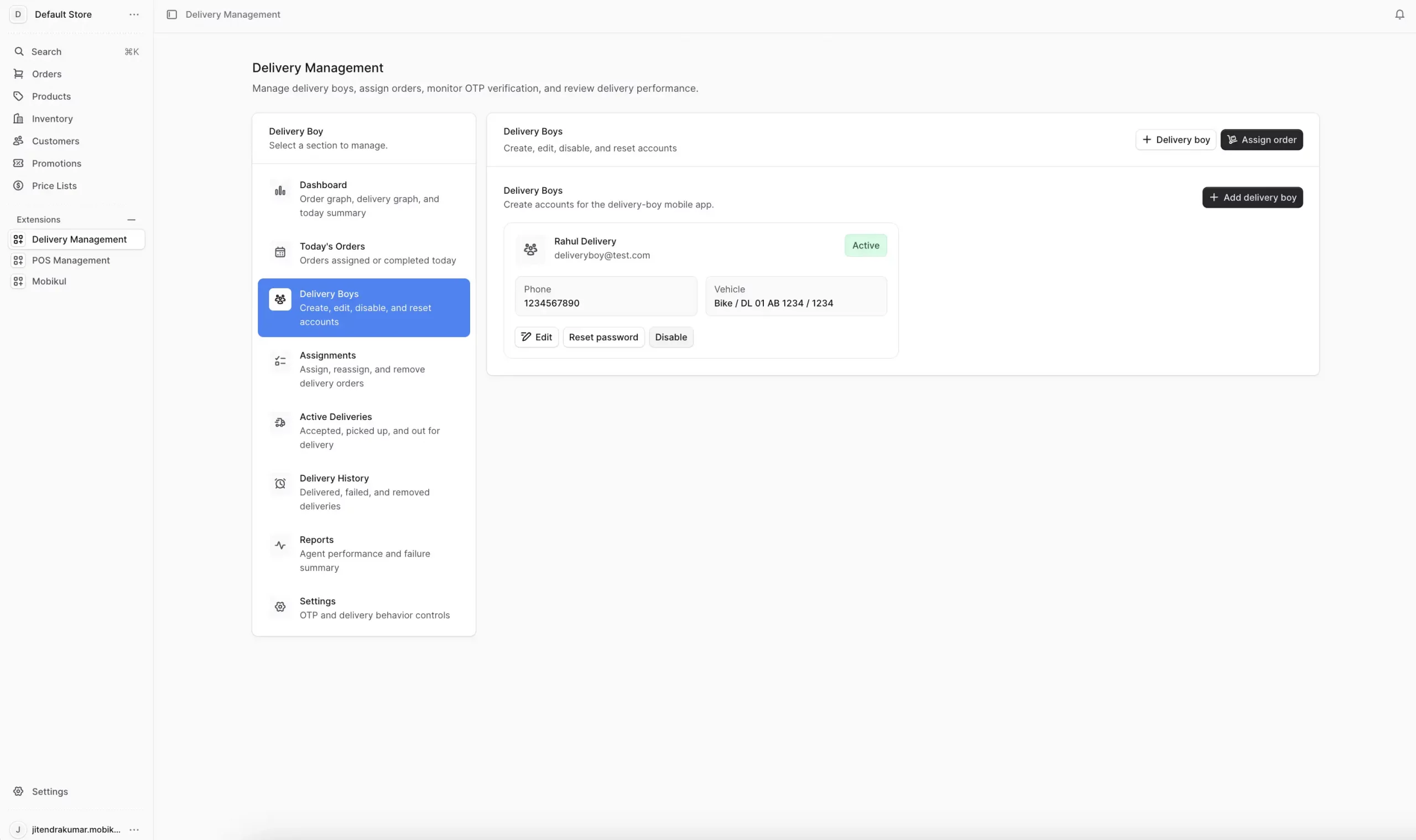From this screen, you can add new delivery boys, update account information, reset passwords, and enable or disable agents for order assignments.