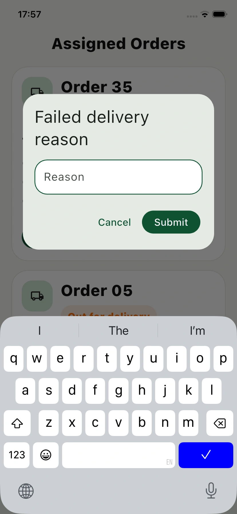 Field Delivery reason pop view