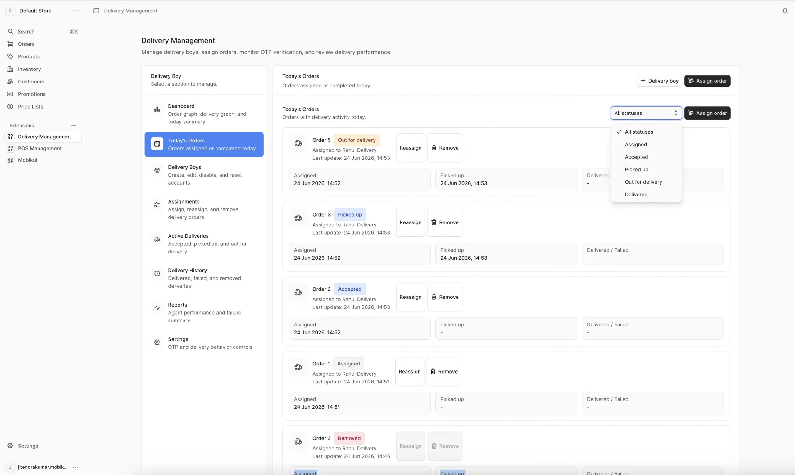 Orders Filter view