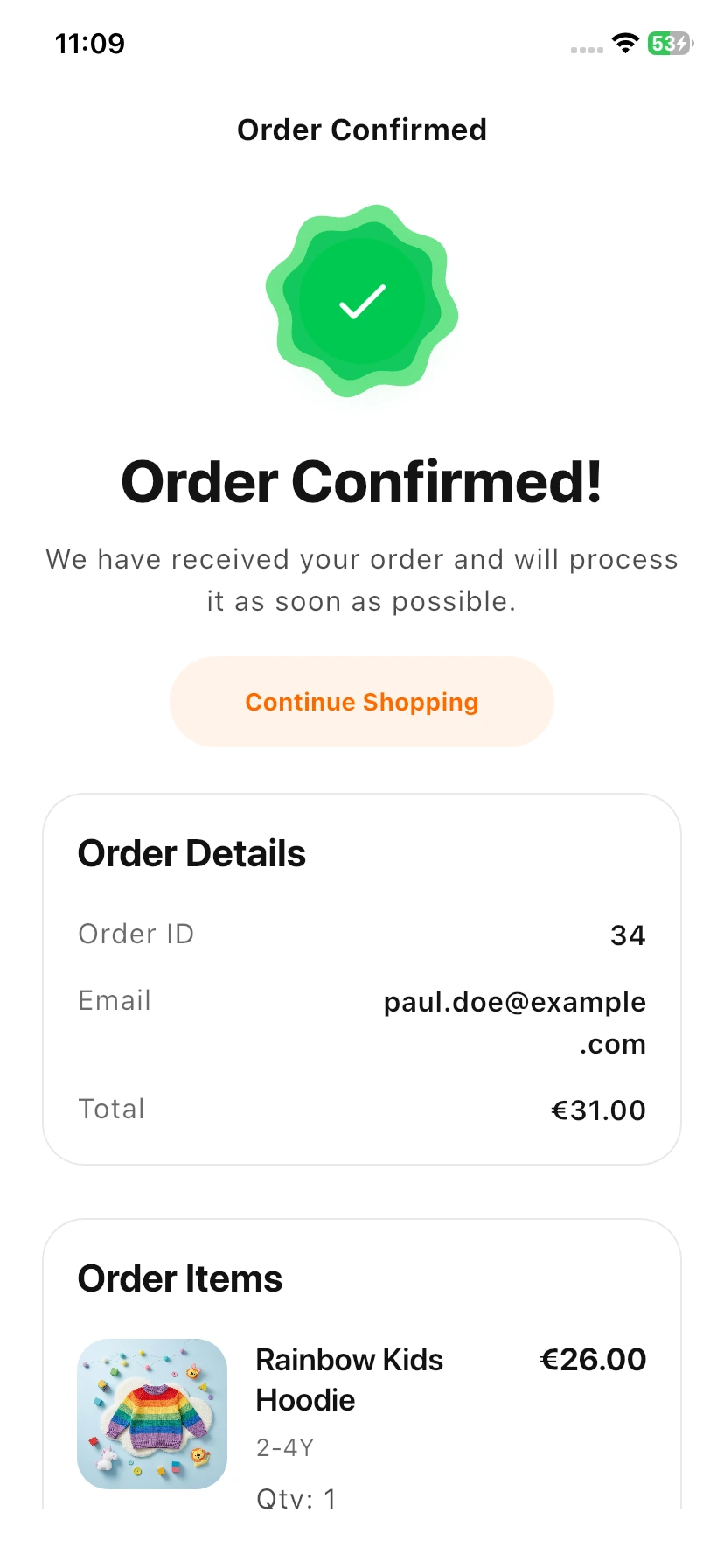 Order Confirmation Page in Order Details Status