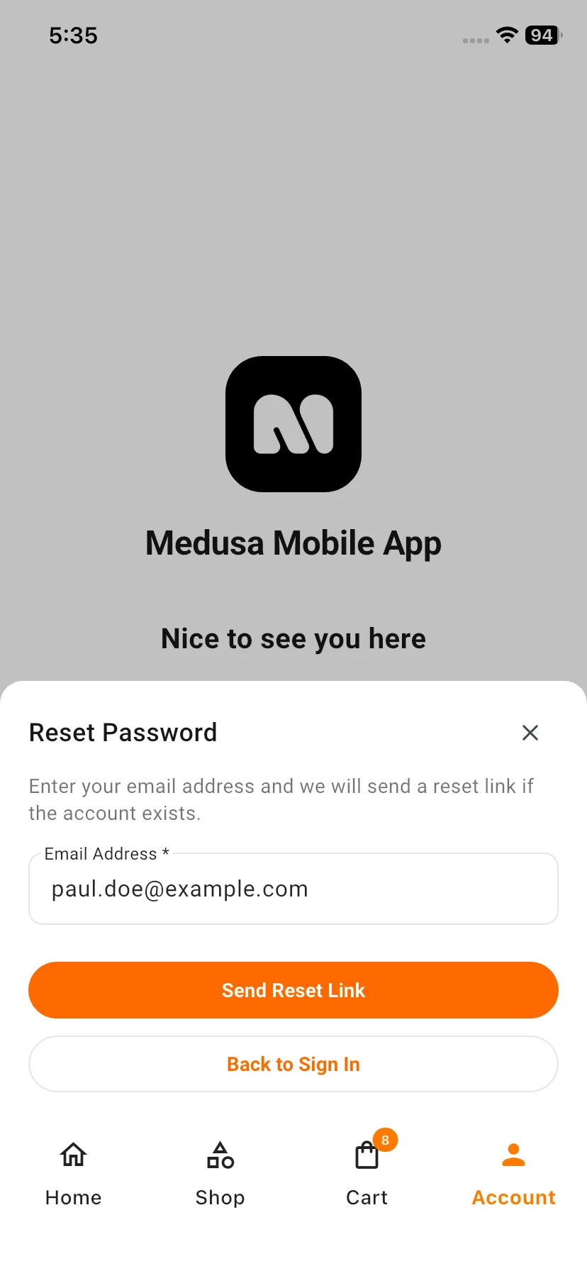 Medusajs Mobile App Builder Forget Password Page View
