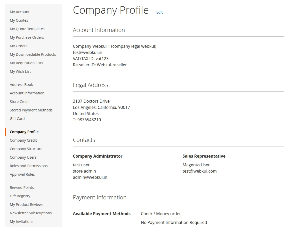 Adobe Commerce B2B Mobile App front end Company profile