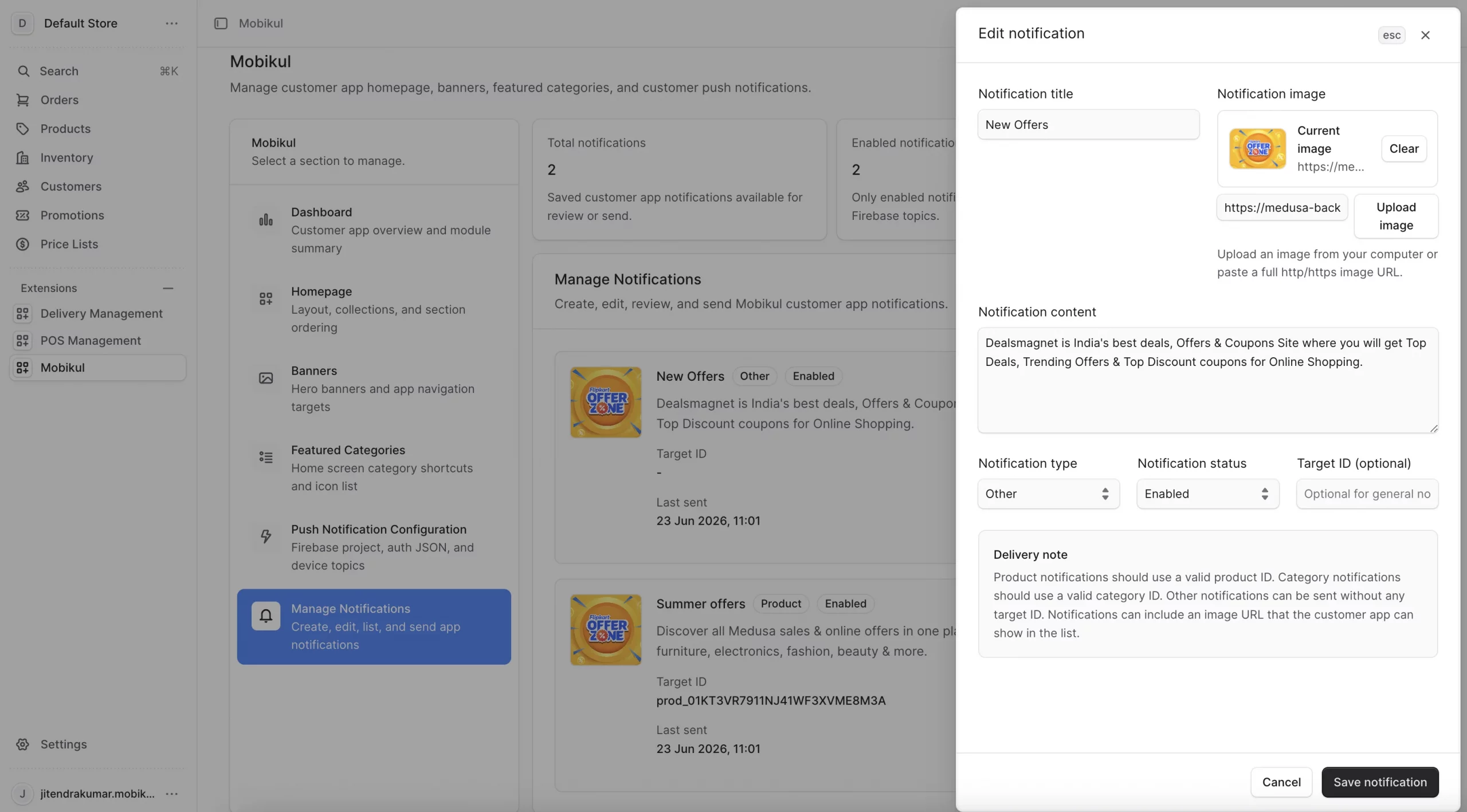 Edit, review, and send Mobikul customer app notifications.