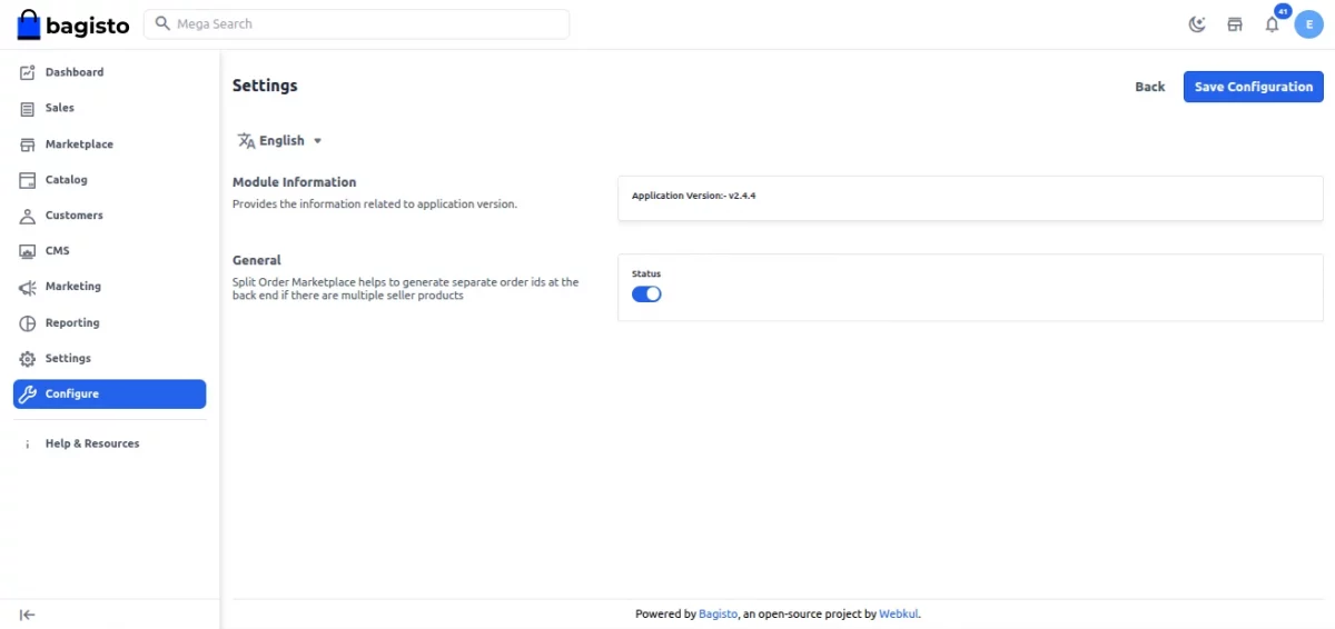 Marketplace order split admin configuration