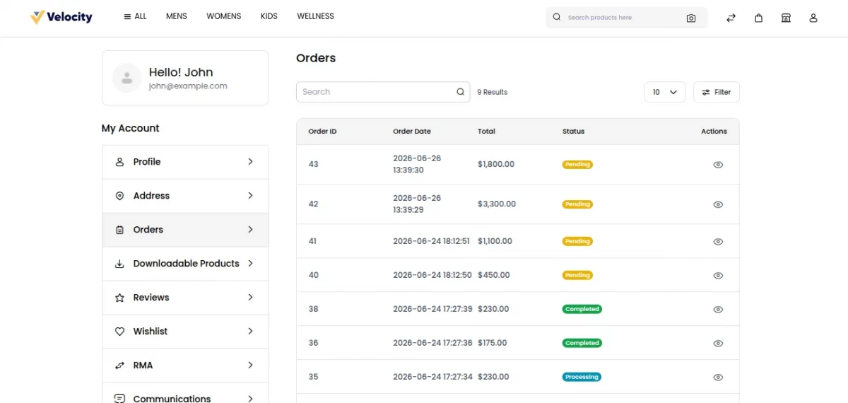 customer order list