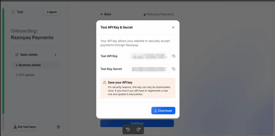 Razorpay Magic Checkout generate key