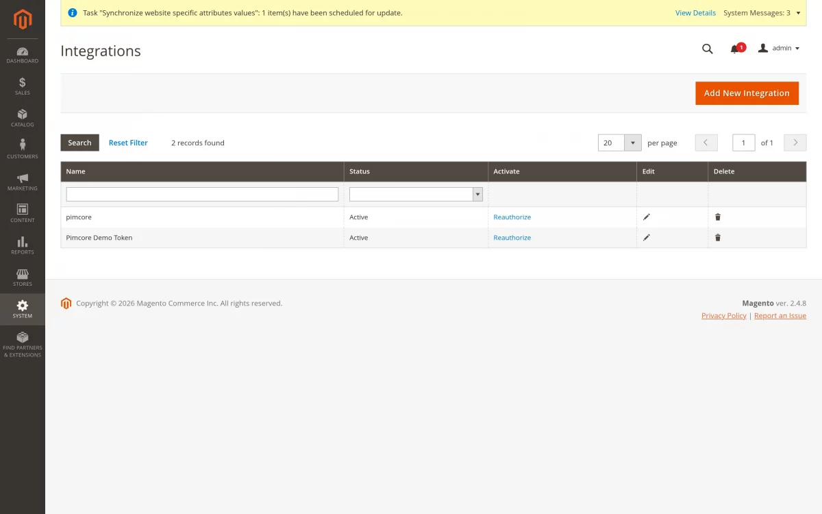 Magento integration Access Token used by the Pimcore 12 Magento 2 Connector