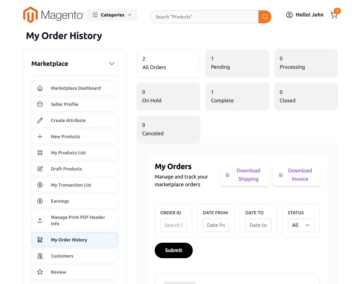 Magento 2 Hyva Multi-Vendor Marketplace Theme orderlist