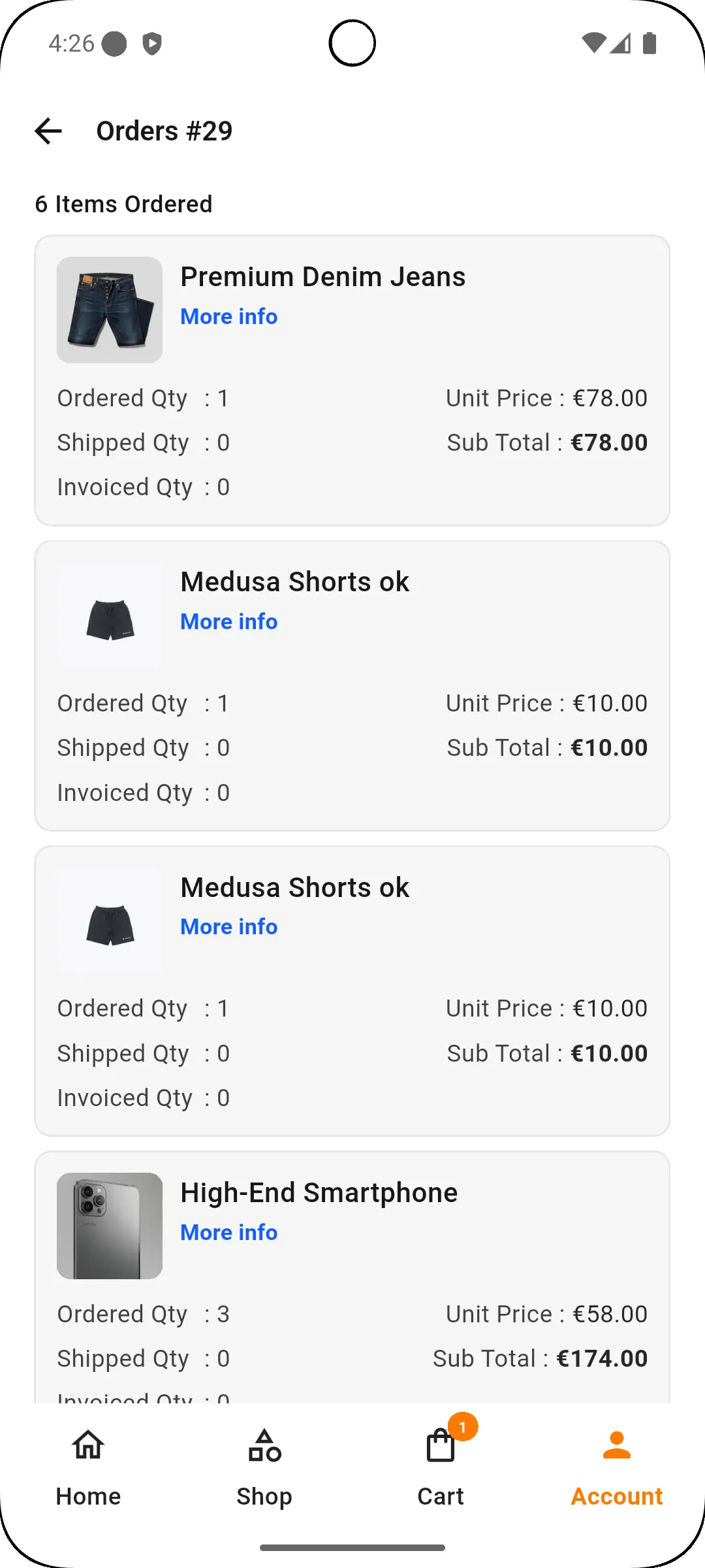 Order Details Screen in Order Summary Details