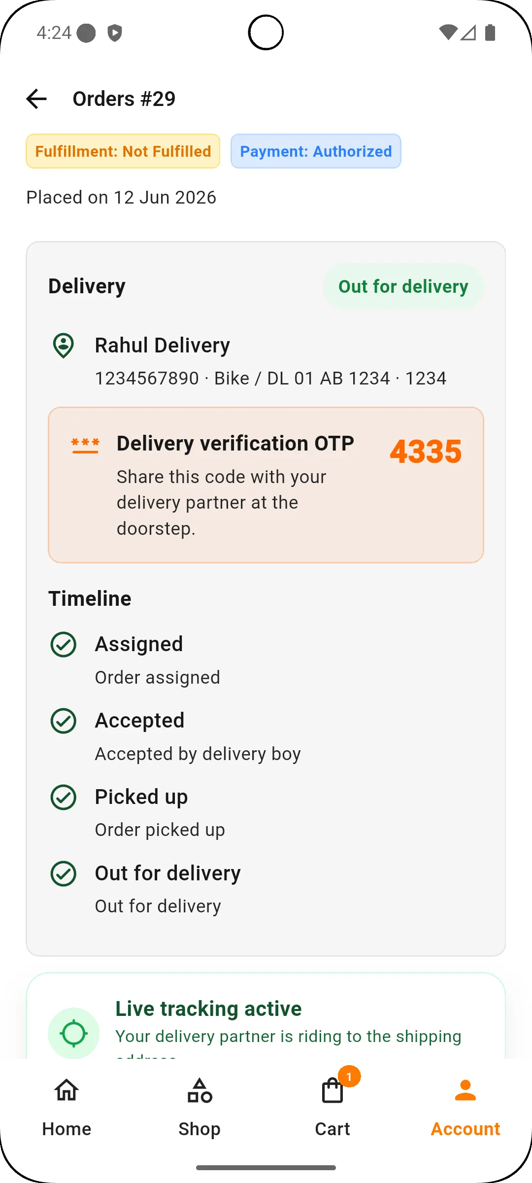 Order Details Screen in Delivery Status View