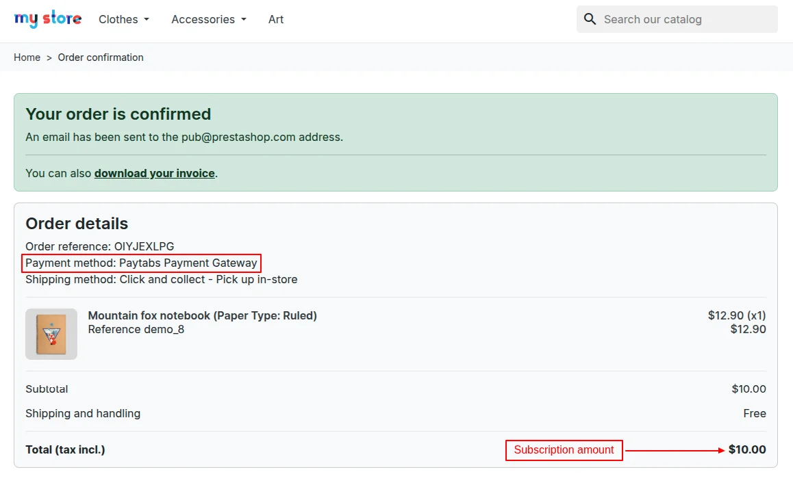 order confirmation page