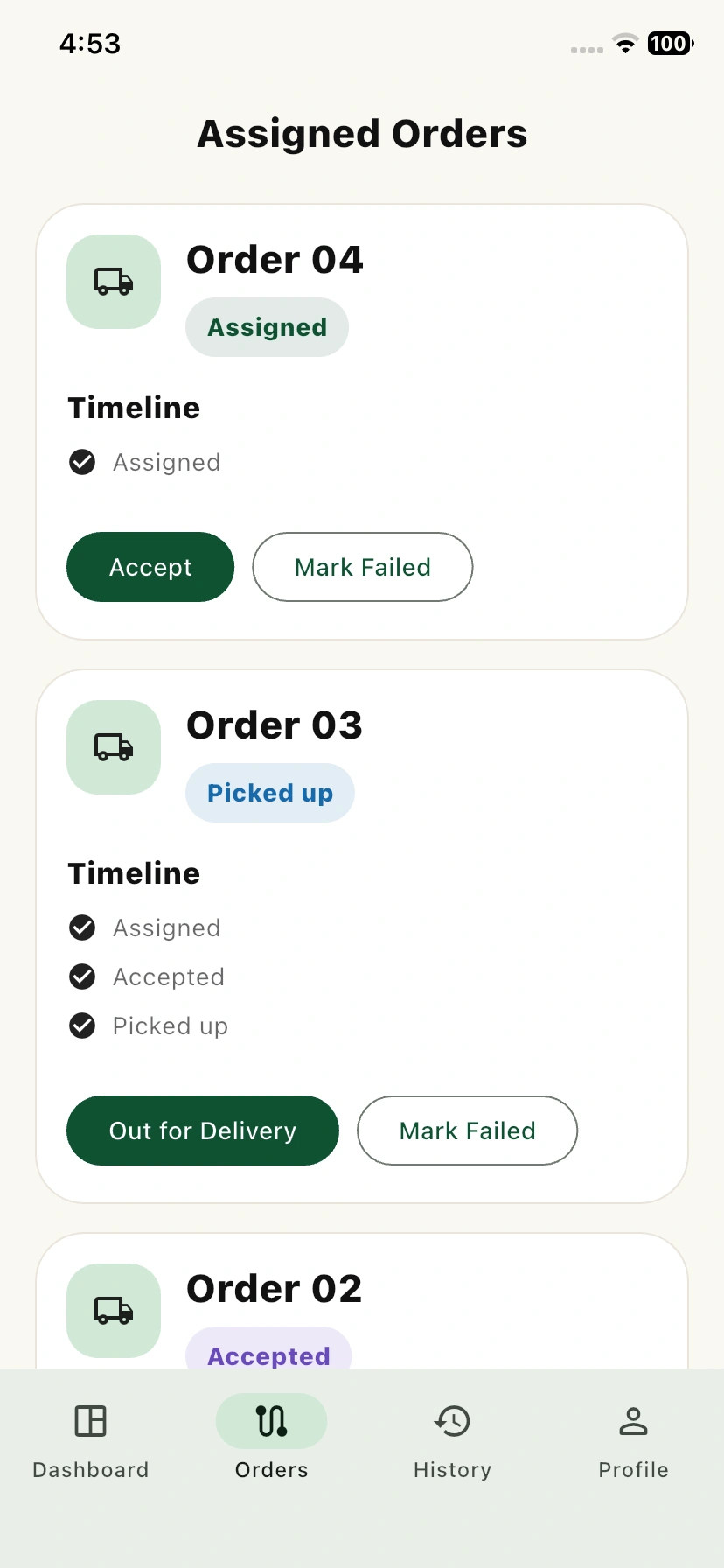 Orders List page view