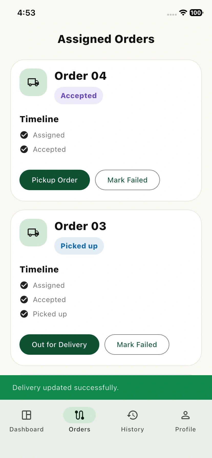 Orders list page pickup status