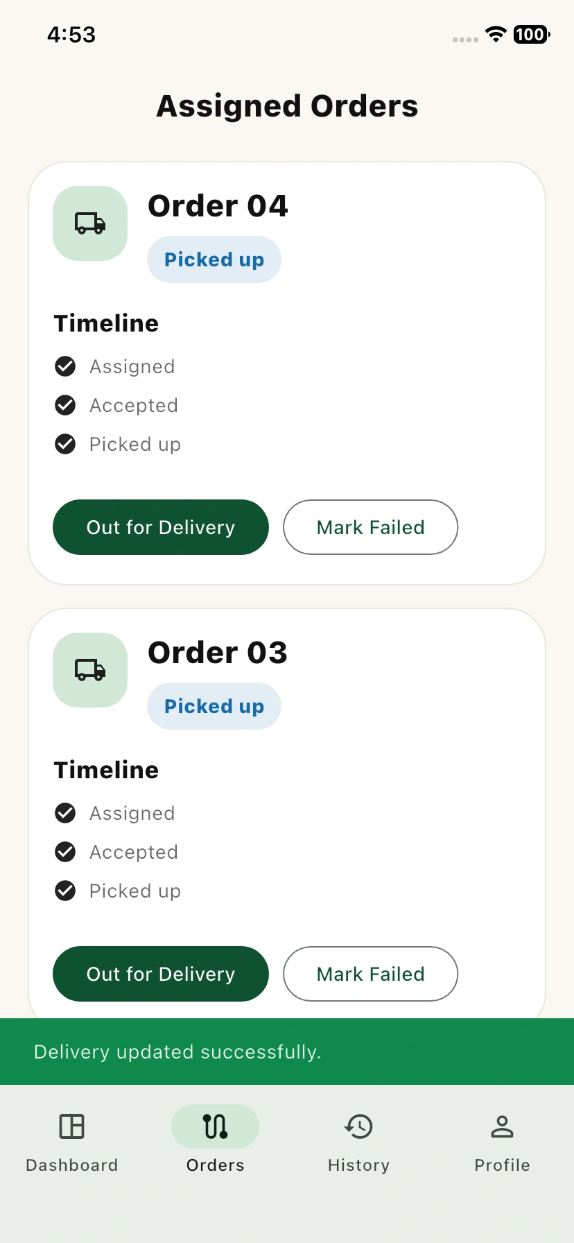 Orders list page out for delivery