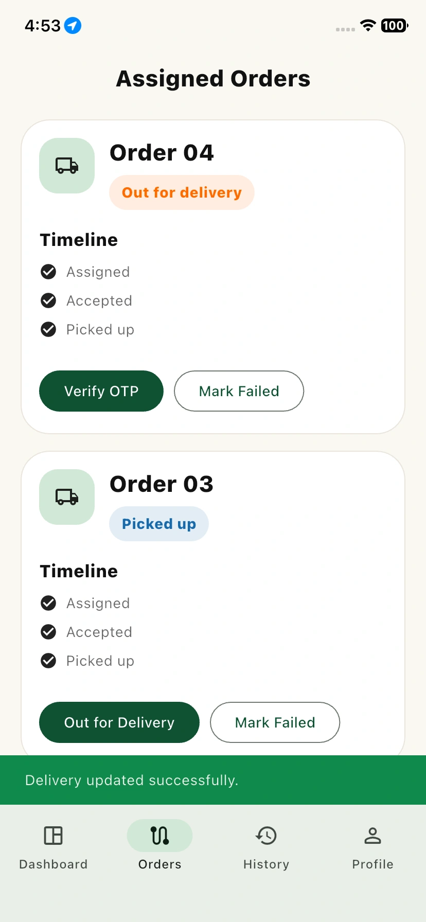 Orders list page verify otp status
