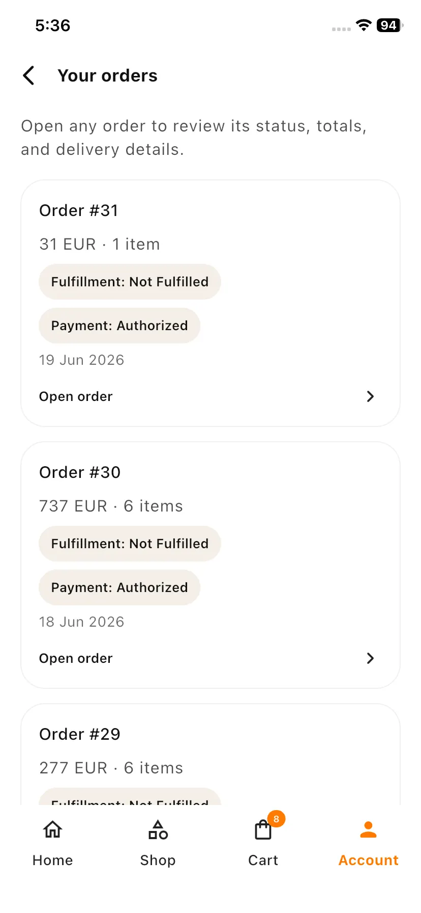 My Order Page View