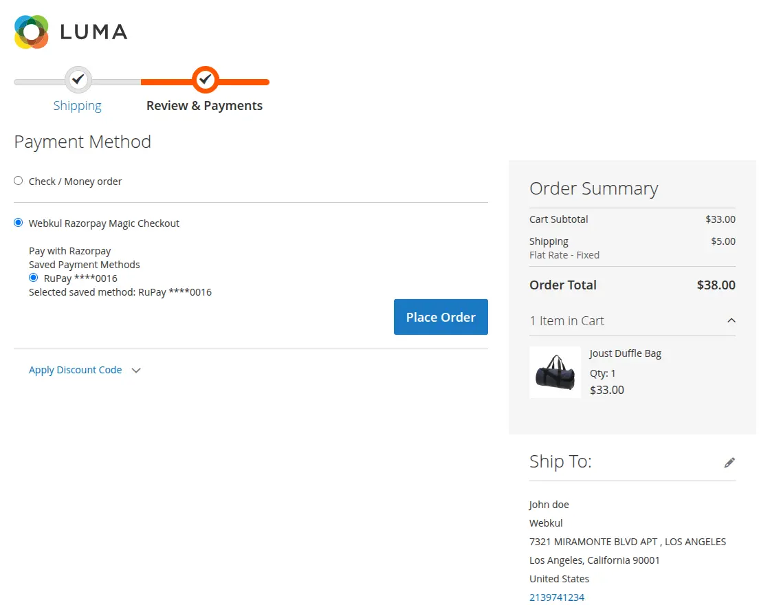 Razorpay Magic Checkout Payment Method