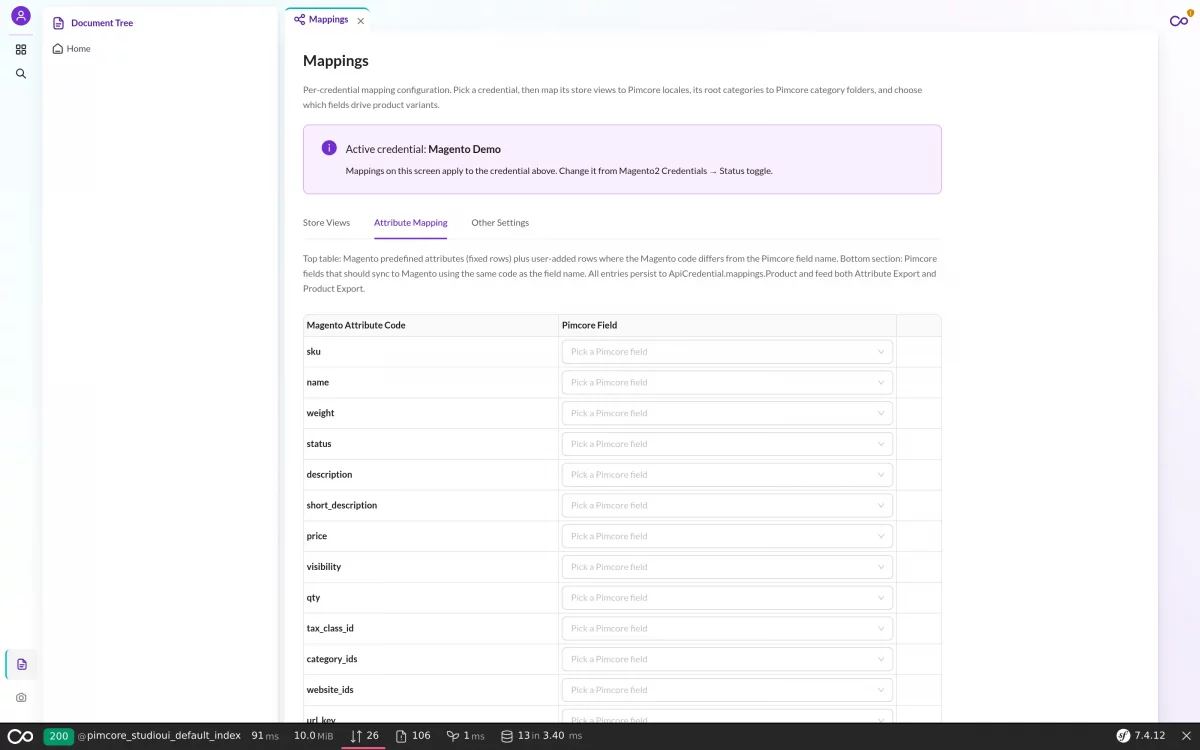 Attribute mapping in the Pimcore 12 Magento 2 Connector
