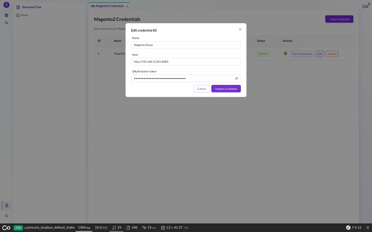 Pimcore 12 Magento 2 Connector credentials with a successful Test Connection