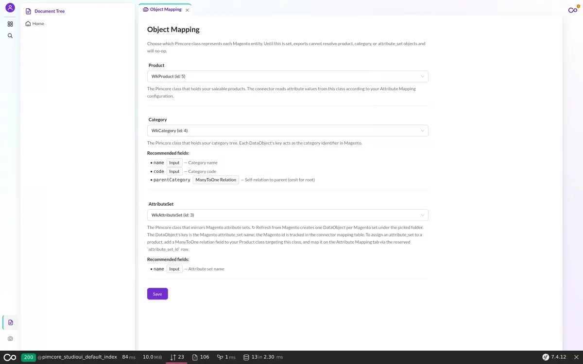 Object mapping screen in the Pimcore 12 Magento 2 Connector