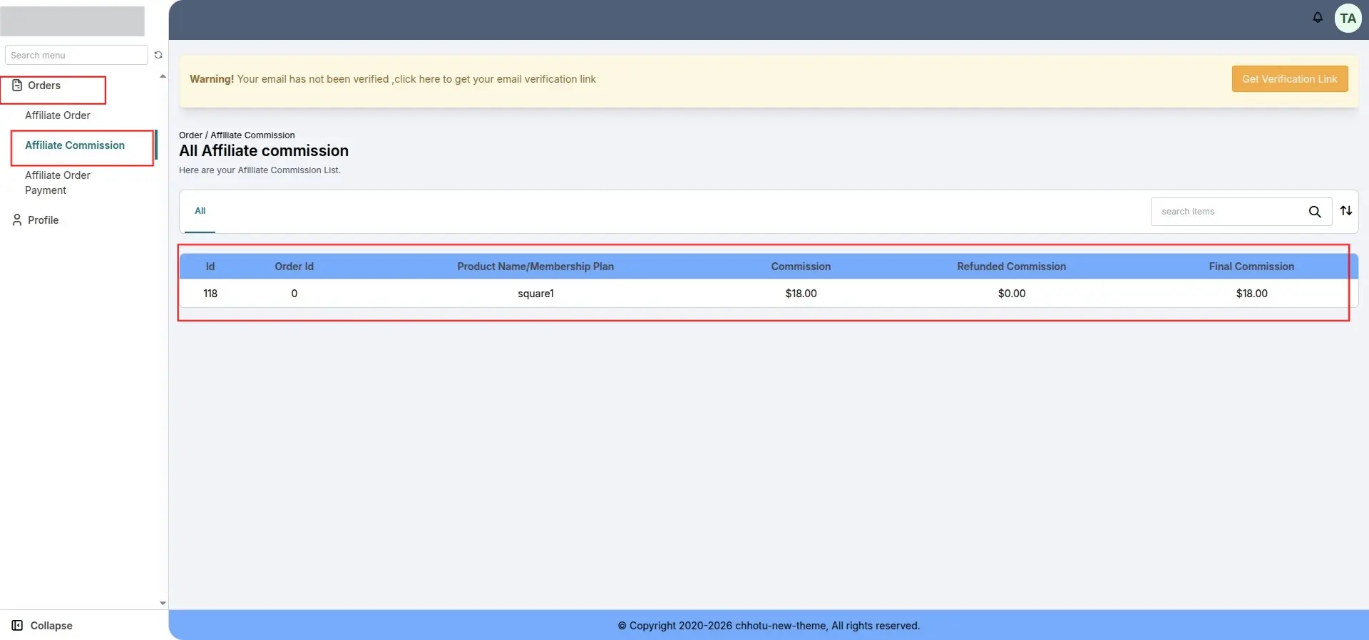 Affiliate Commission Section