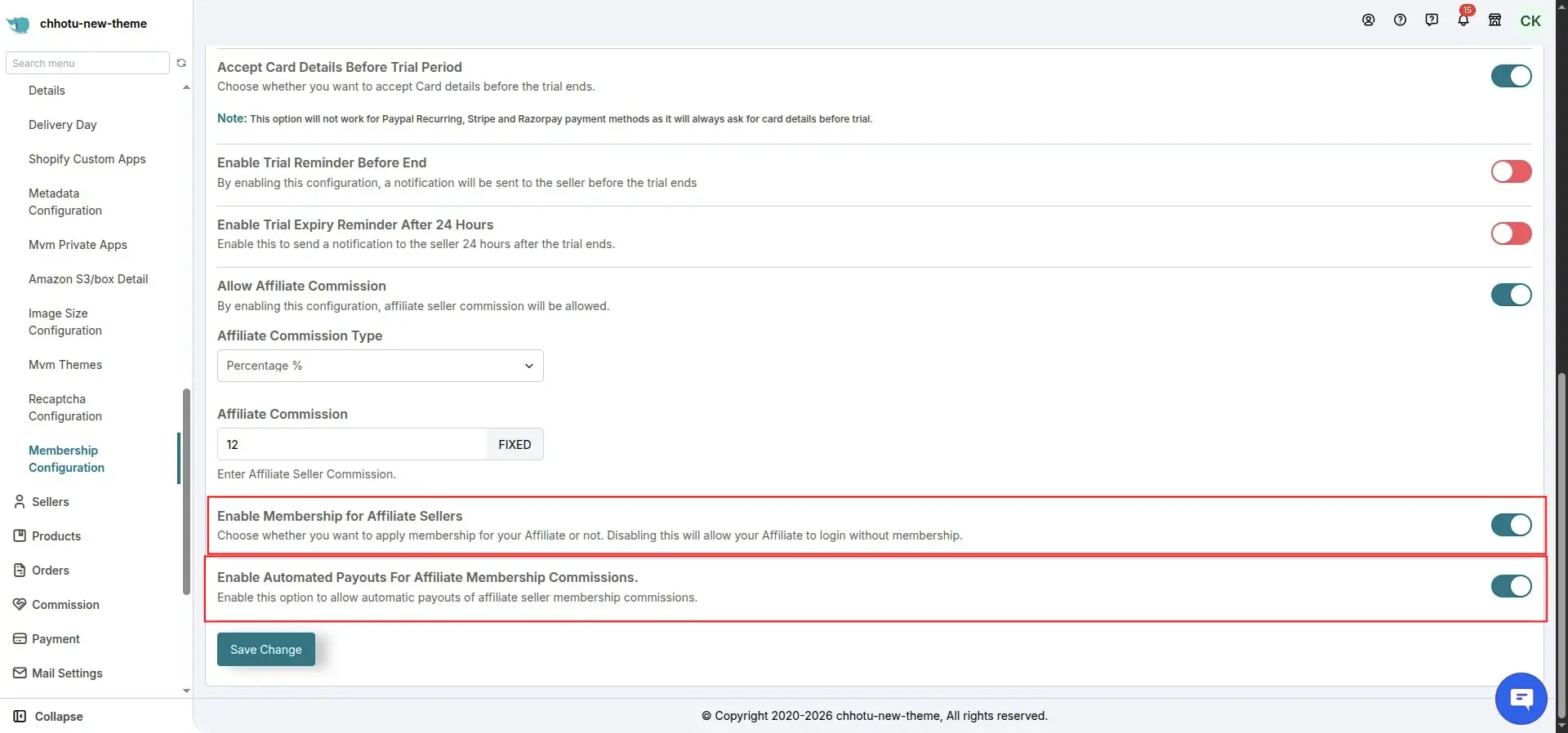 Affiliate Membership Settings